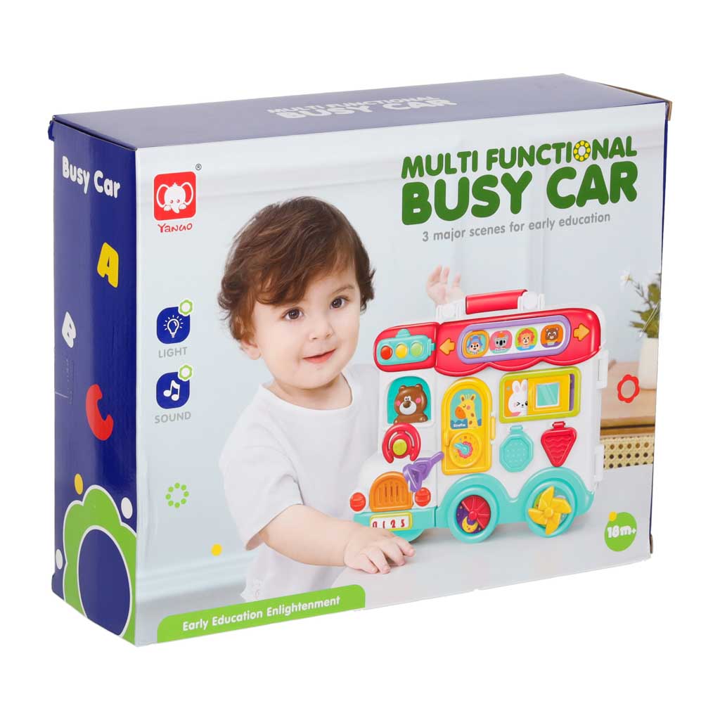 Montessori jutimų lenta lagaminėlyje, autobusiukas su garsu ir šviesa
