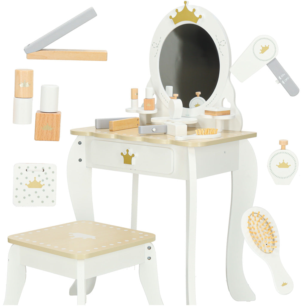 LULILO Bella medinis mergaitės tualetinis staliukas su veidrodžiu, taburete ir priedais