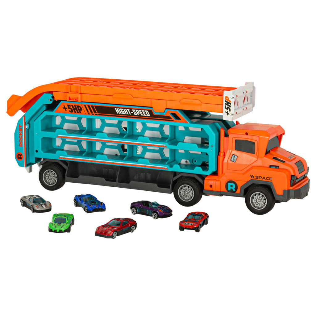 Oranžinis autovežis-trasa su nusileidimo taku automobiliams, 6 dalių rinkinys