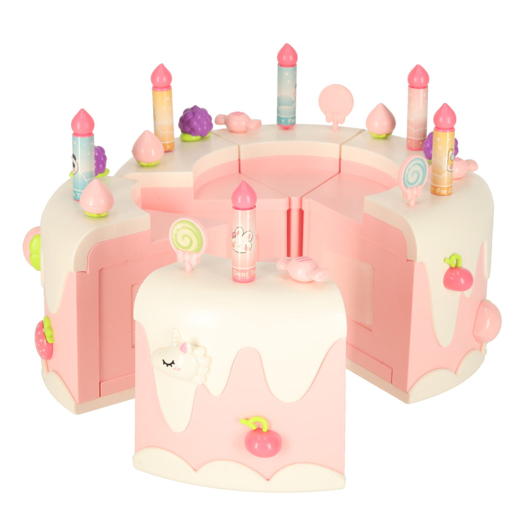 Dviaukštis gimtadienio tortas pjaustomas su lipukais, su muzika ir šviesomis, rožinis – vaizdas 5