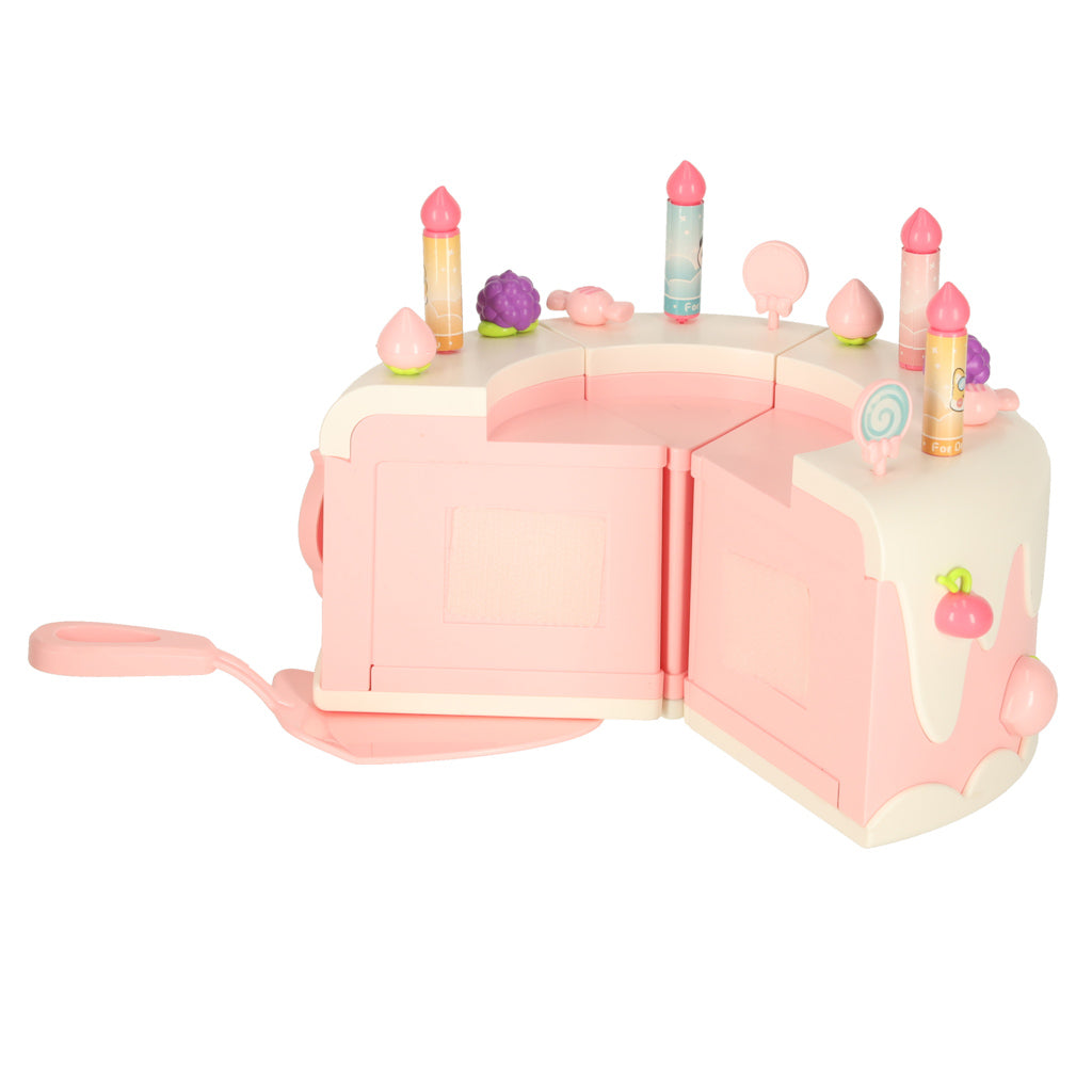 Dviaukštis gimtadienio tortas pjaustomas su lipukais, su muzika ir šviesomis, rožinis – vaizdas 6