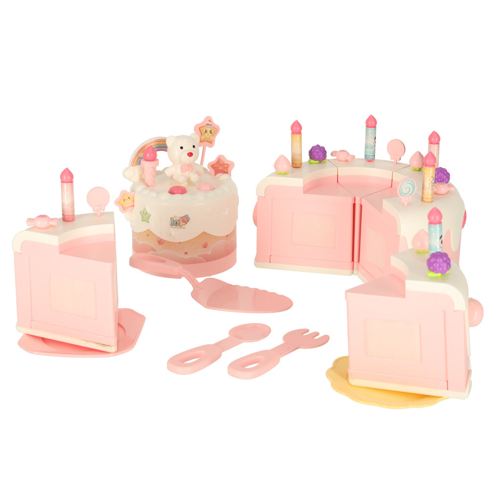 Dviaukštis gimtadienio tortas pjaustomas su lipukais, su muzika ir šviesomis, rožinis – vaizdas 7