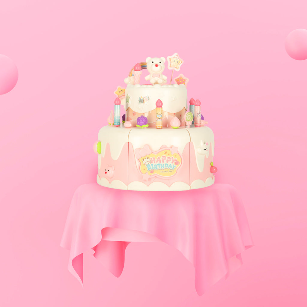 Dviaukštis gimtadienio tortas pjaustomas su lipukais, su muzika ir šviesomis, 16 dalių, rožinis