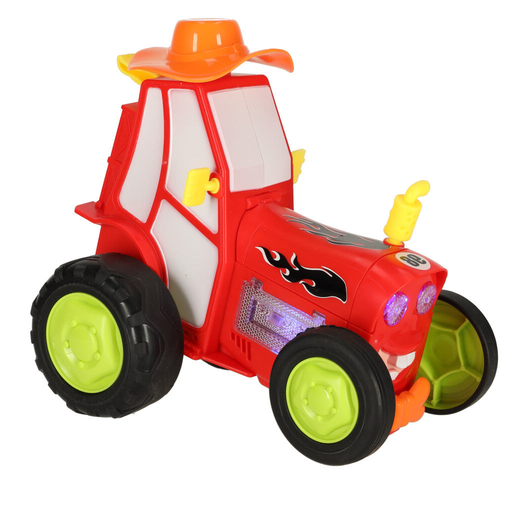 Raudonas RC nuotoliniu būdu valdomas šokinėjantis ir šokantis traktorius su garsais