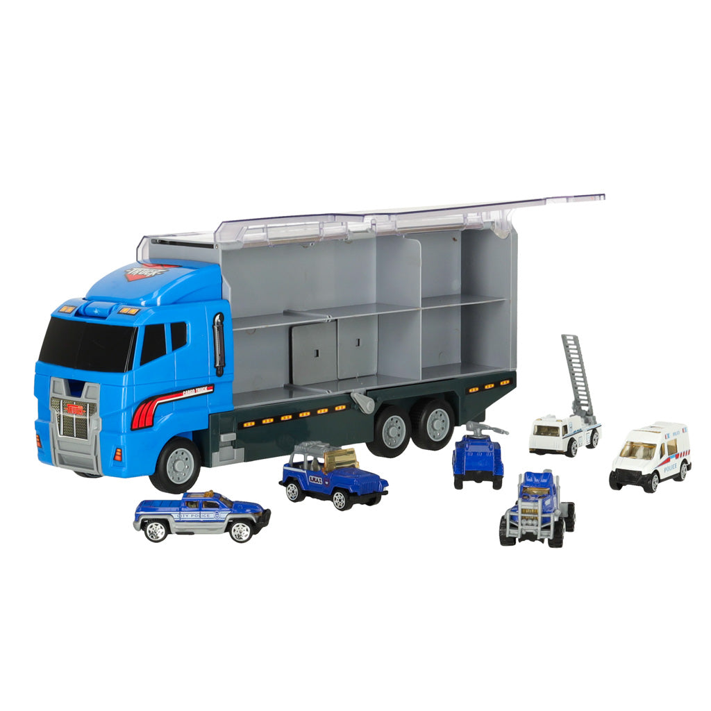 TIR sunkvežimis-transporteris su paleidimo įrenginiu ir metaliniais policijos automobiliais