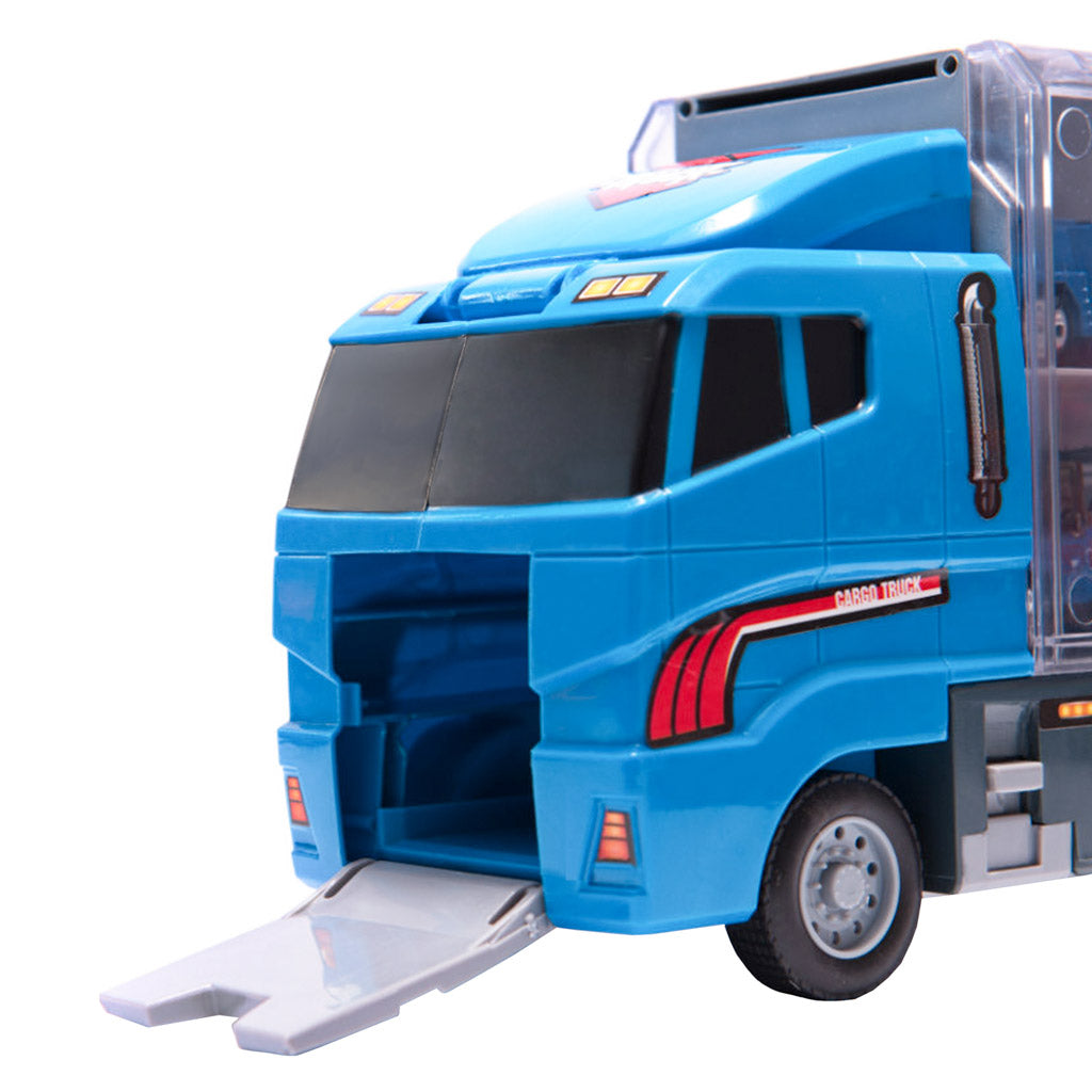 TIR sunkvežimis-transporteris su paleidimo įrenginiu ir metaliniais policijos automobiliais