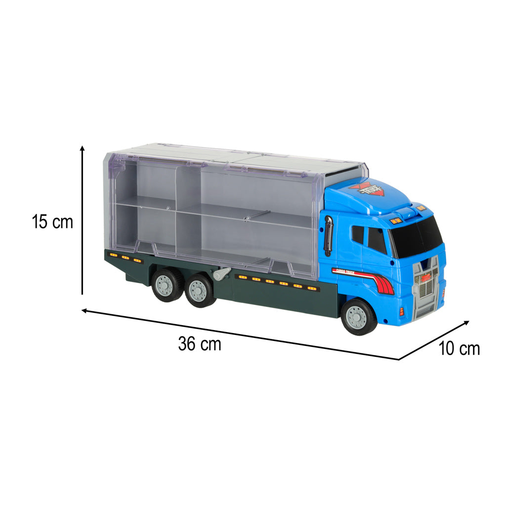 TIR sunkvežimis-transporteris su paleidimo įrenginiu ir metaliniais policijos automobiliais