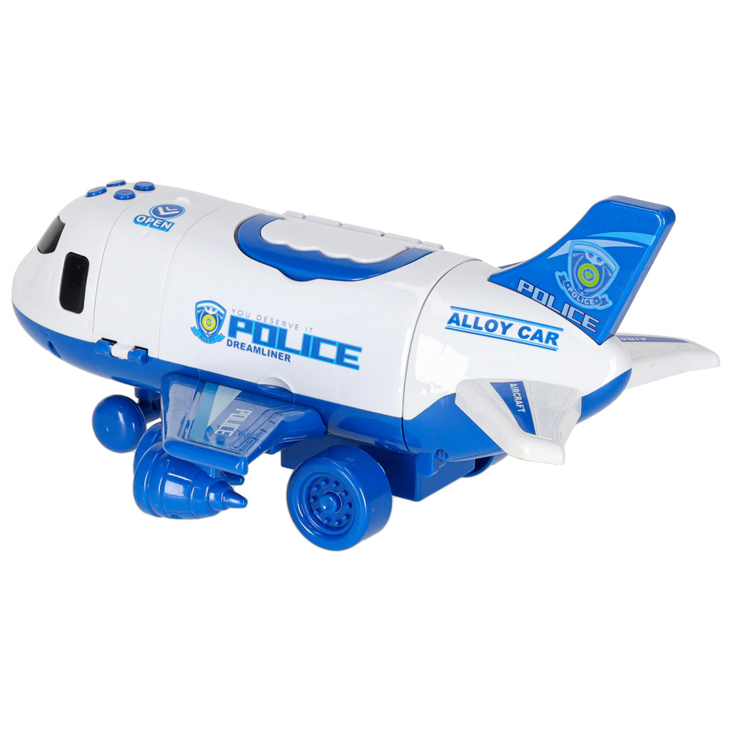 Transporto lėktuvas su 3 policijos automobiliais