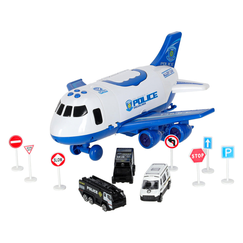 Transporto lėktuvas su 3 policijos automobiliais
