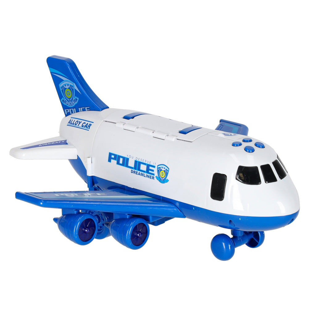 Transporto lėktuvas su 3 policijos automobiliais