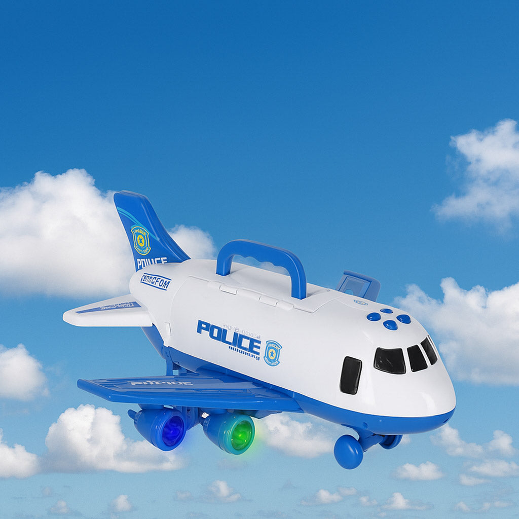 Transporto lėktuvas su 3 policijos automobiliais