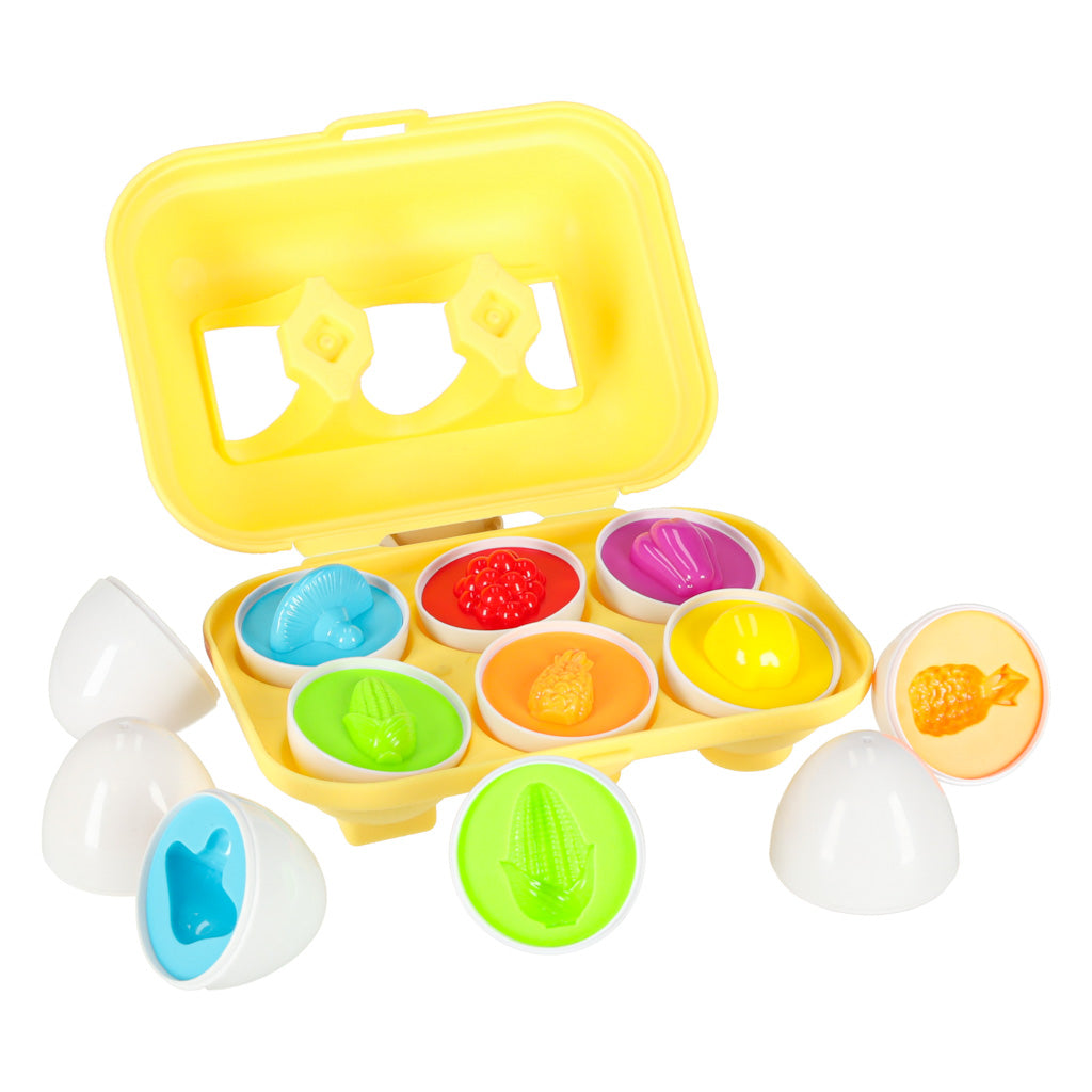 Edukacinis formų rūšiuoklis kiaušiniai „Montessori“ su vaisiais ir daržovėmis, 6 vnt.