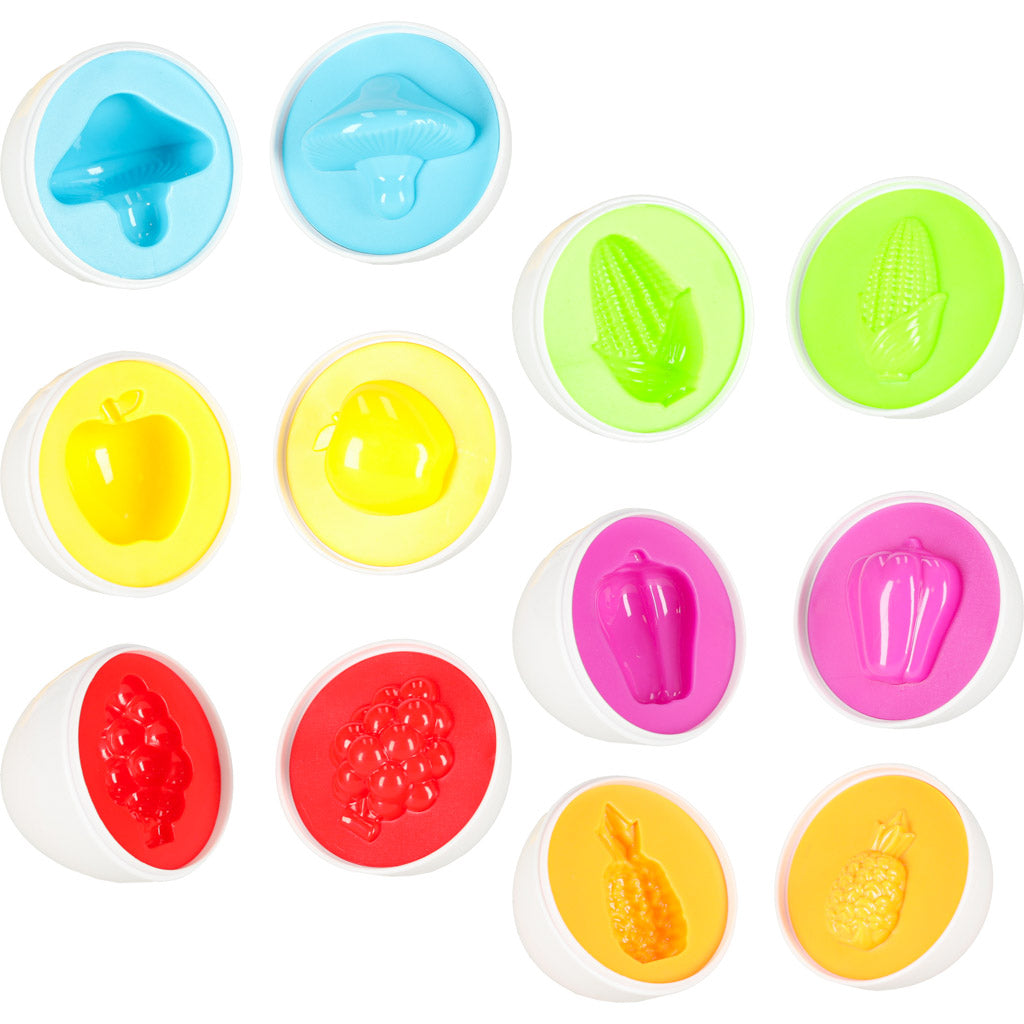 Edukacinis formų rūšiuoklis kiaušiniai „Montessori“ su vaisiais ir daržovėmis, 6 vnt.