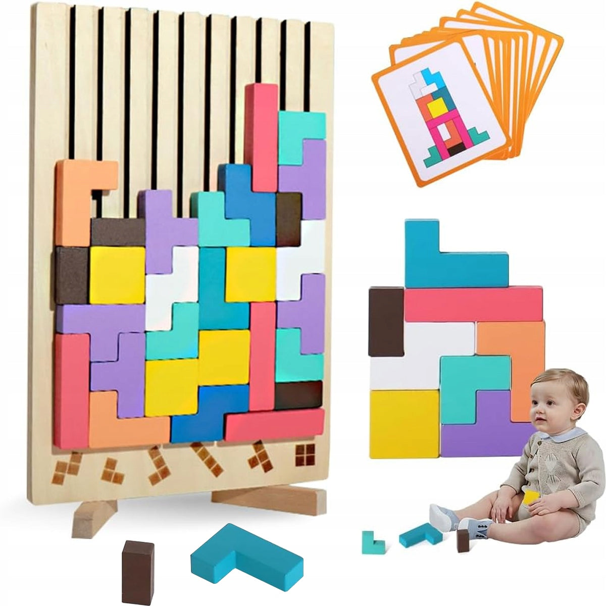 Mediniai dėlionės blokai Tetris 3D, Ekologiškas medis, 42 vnt – pagrindinis vaizdas