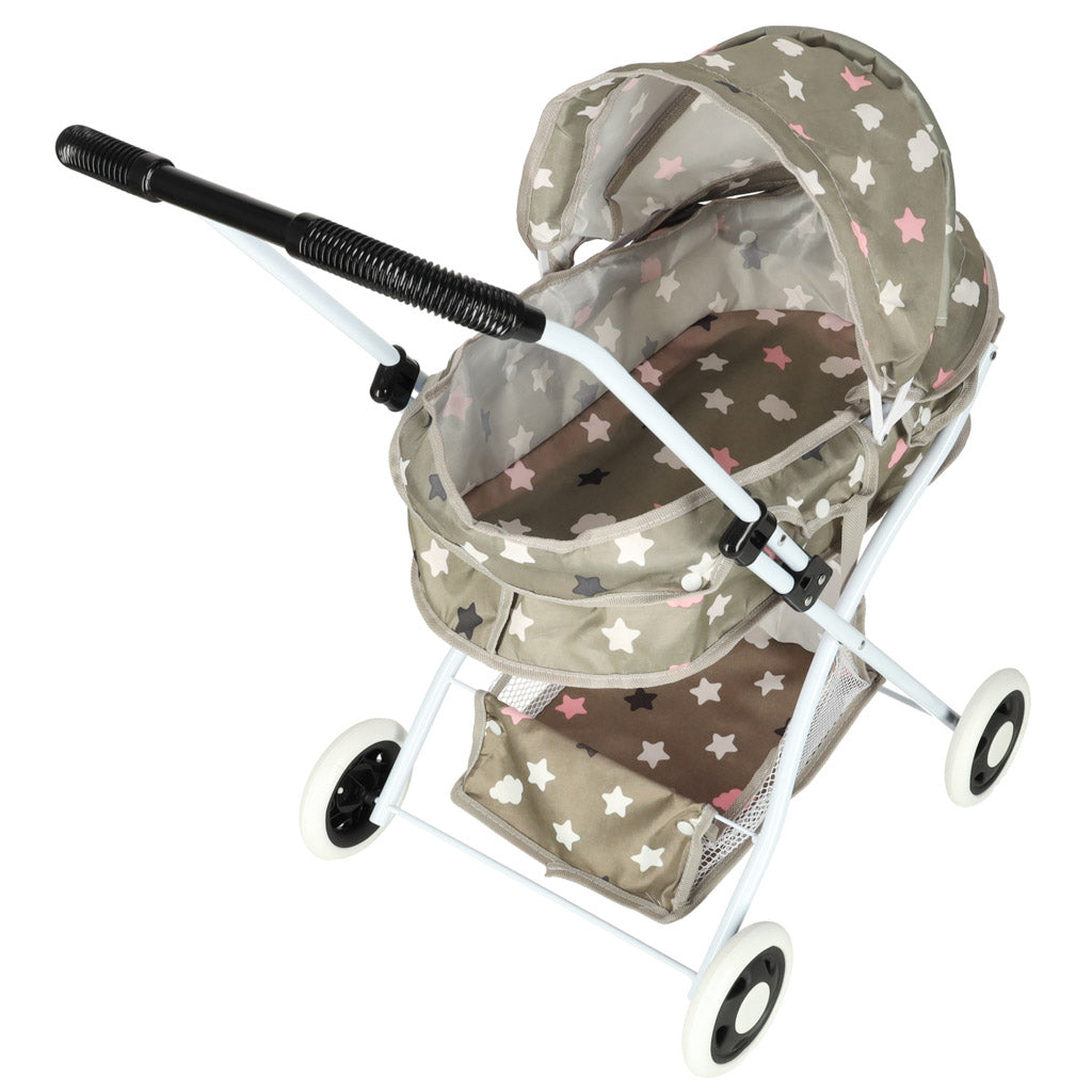 Lėlių vežimėlis su giliu lopšiu ir krepšiu, raštas žvaigždutėmis