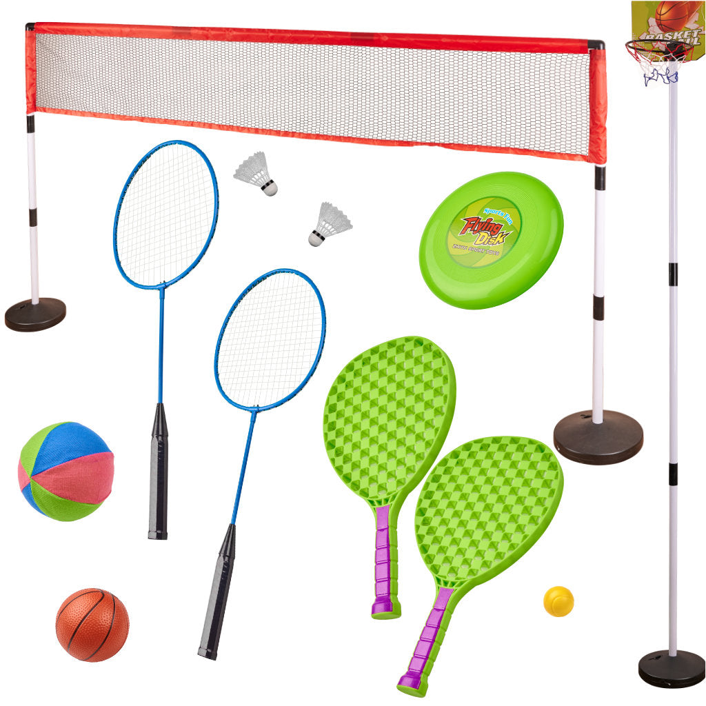 Sporto rinkinys 5in1: badmintonas, krepšinis, tinklinis, tenisas, frisbis