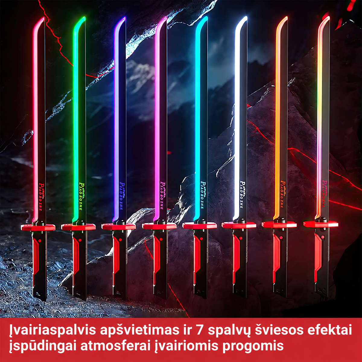 Šviečiantis kardas „Cyberpunk“ su kibirkštimis ir rūku – 7 RGB spalvos, garsas, USB-C, 80 cm