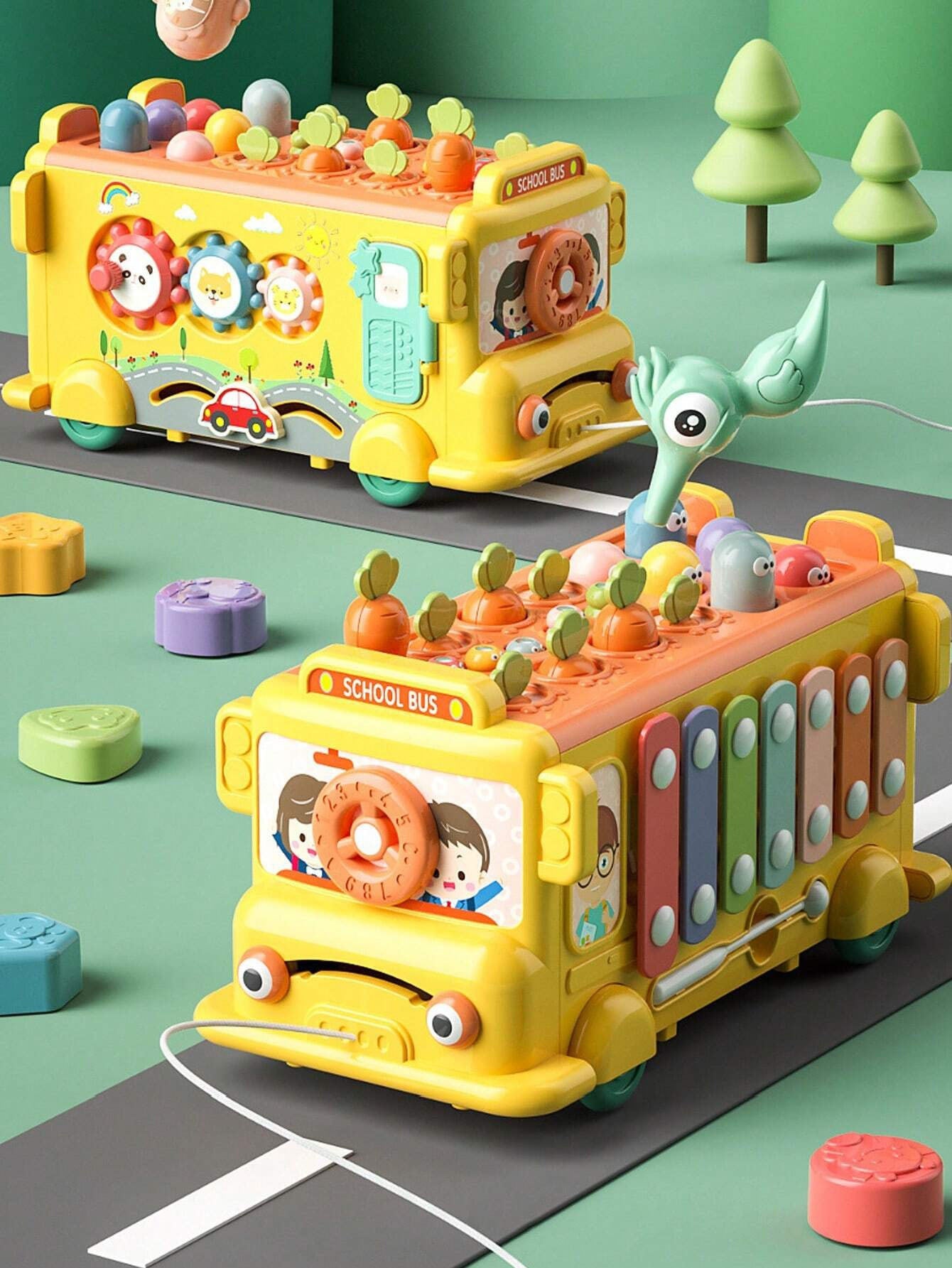 WOOPIE BABY Interaktyvus Montessori Autobusas 6in1 Plaktukas Cimbolai +18m