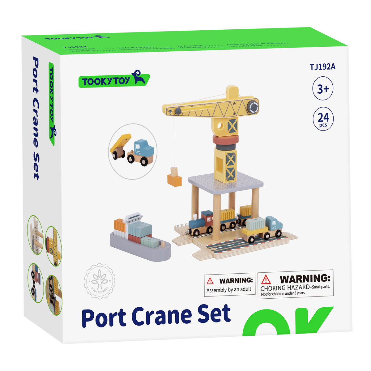 TOOKY TOY Medinis uosto kranų rinkinys su transporto priemonėmis