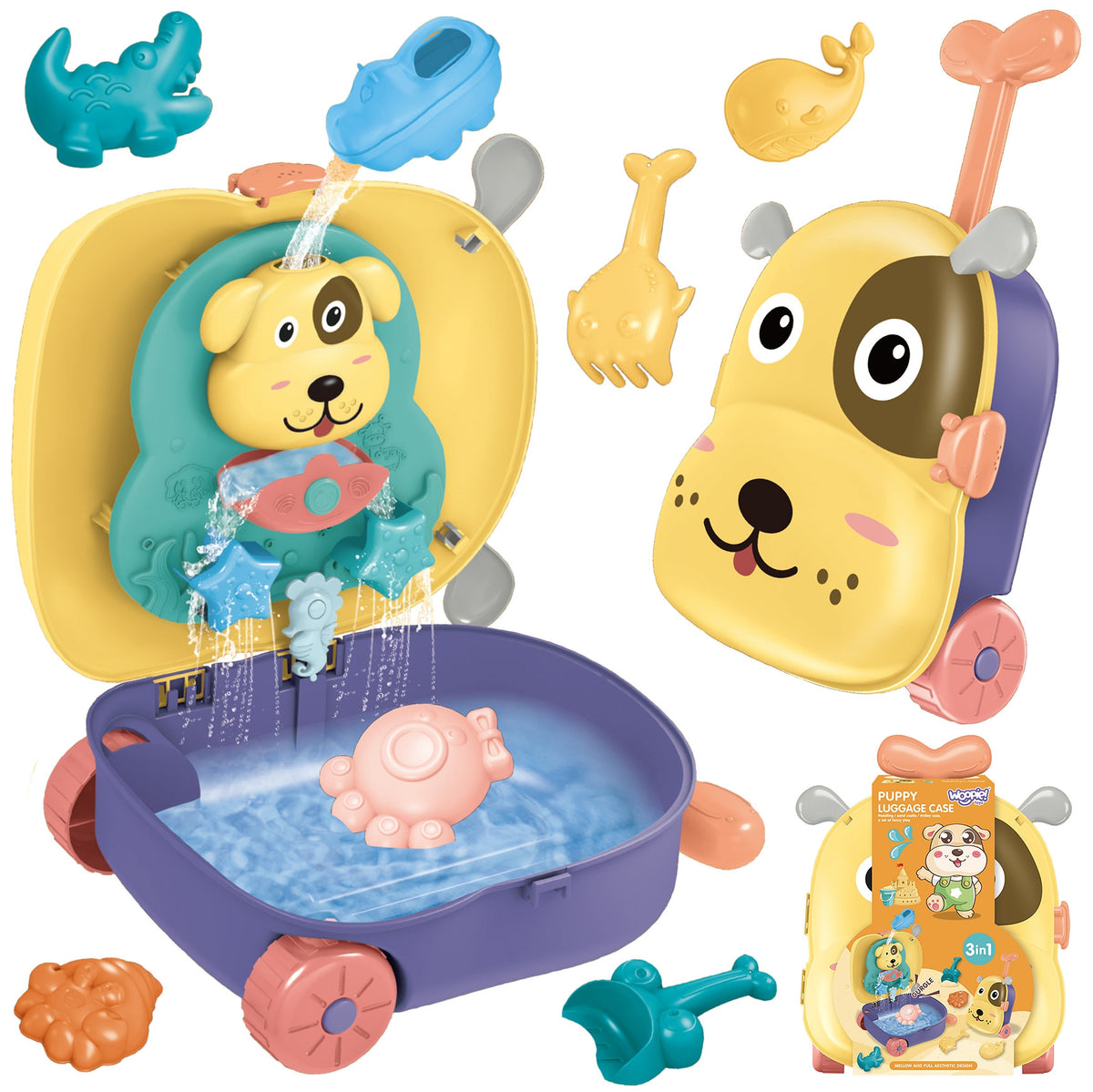 WOOPIE 3in1 smėlio ir vandens žaidimų rinkinys, šunelio lagaminas