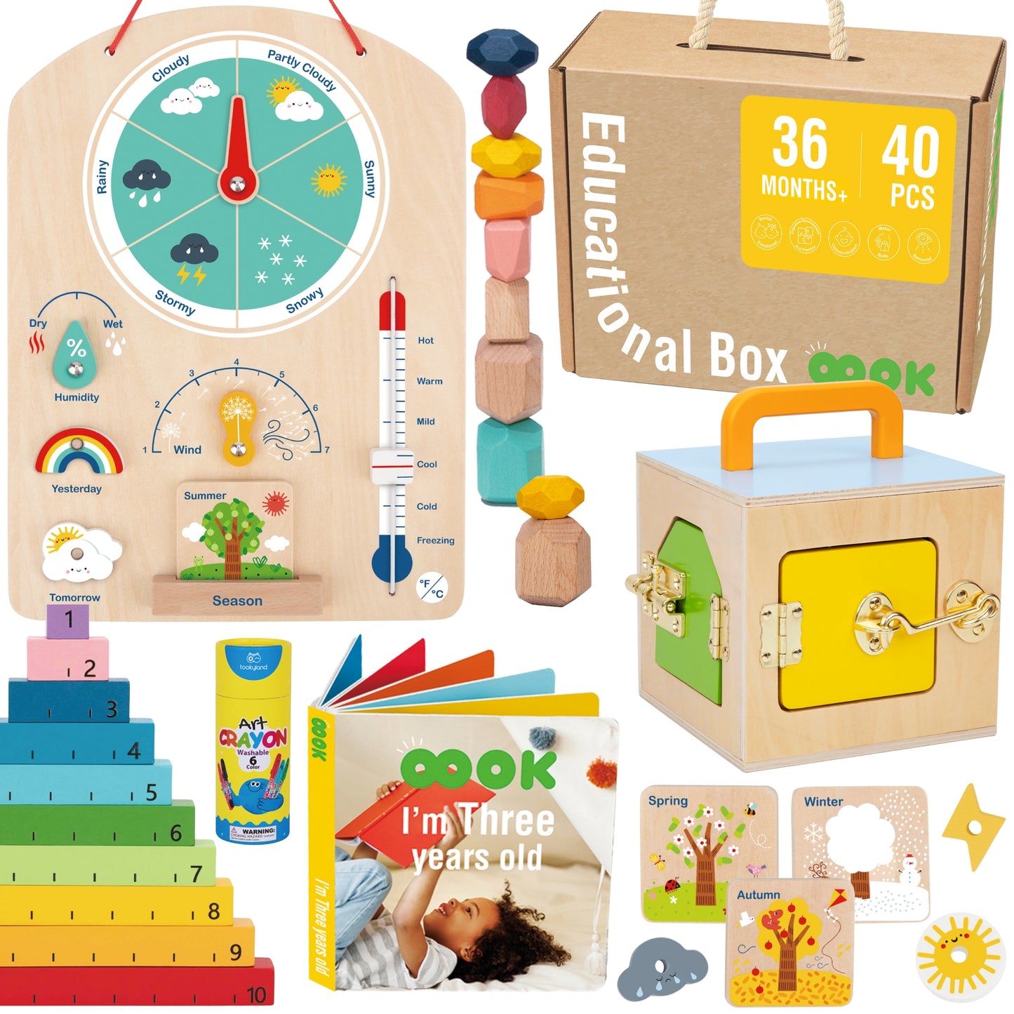 Tooky Toy edukacinis Montessori rinkinys 6in1: dėlionė, skaitliukai ir orų lenta, vaikams nuo 3 metų – pagrindinis vaizdas