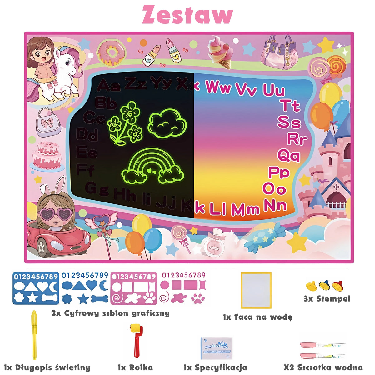 WOOPIE Vandeninis Piešimo Kilimėlis 2in1 XXL 100x70cm su UV Švytėjimu