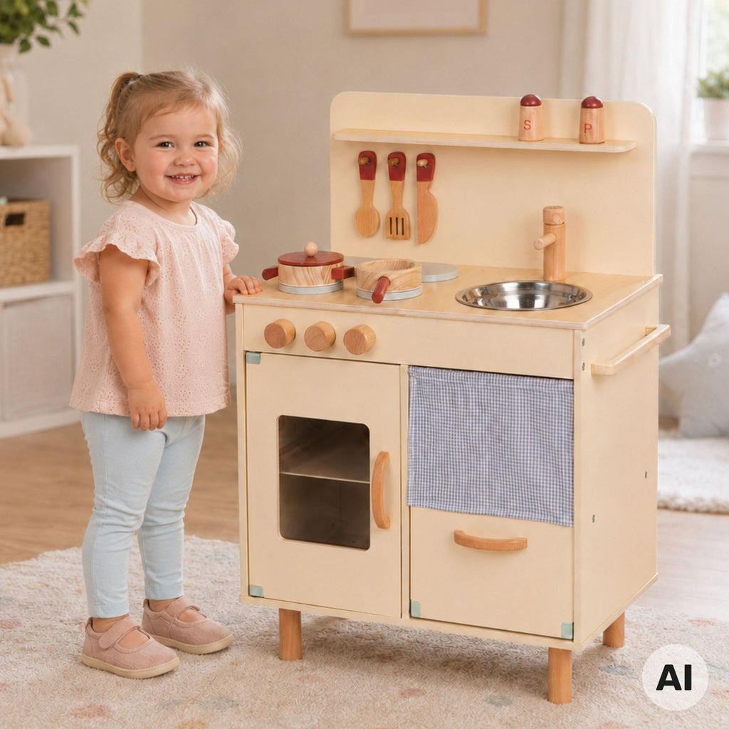 TOOKY TOY Medinė Vaikiška Virtuvė su Priedais, Bežinės Spalvos
