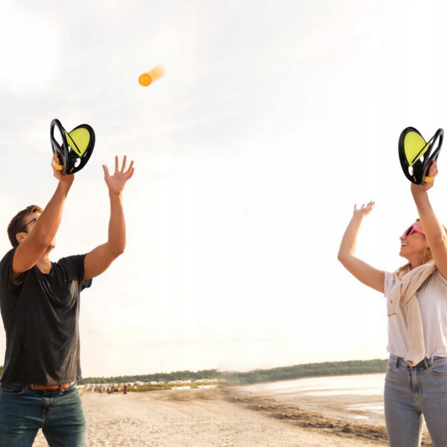 WOOPIE Catch Ball vikrumo žaidimas „Mesk ir gaudyk“ dviem (2 vnt raketės + 4 vnt kamuoliukai), mėlynos ir žalios raketės su kamuoliukais –