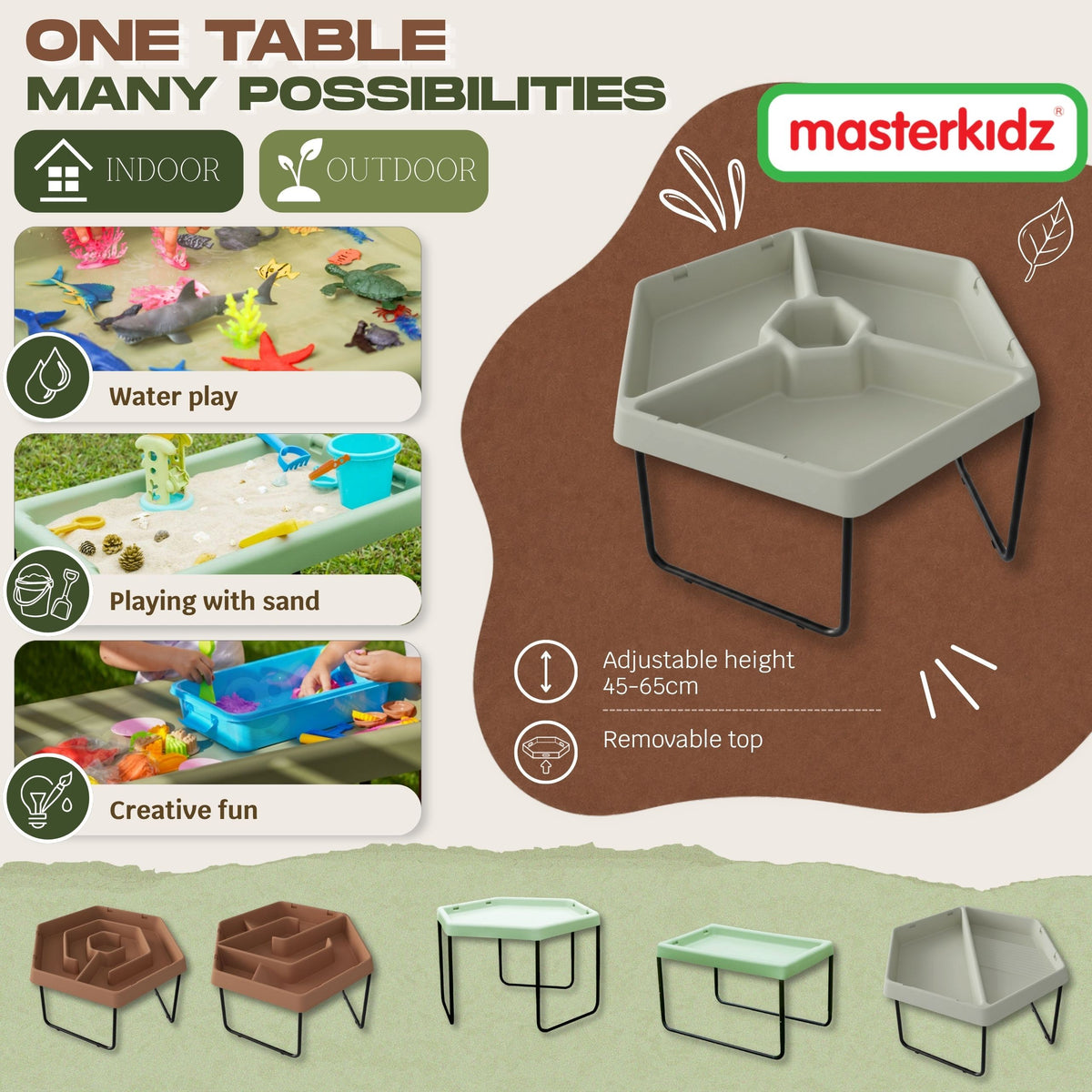 MASTERKIDZ Šešiakampis sensorinis stalas smėliui ir vandeniui, 3 skyriai