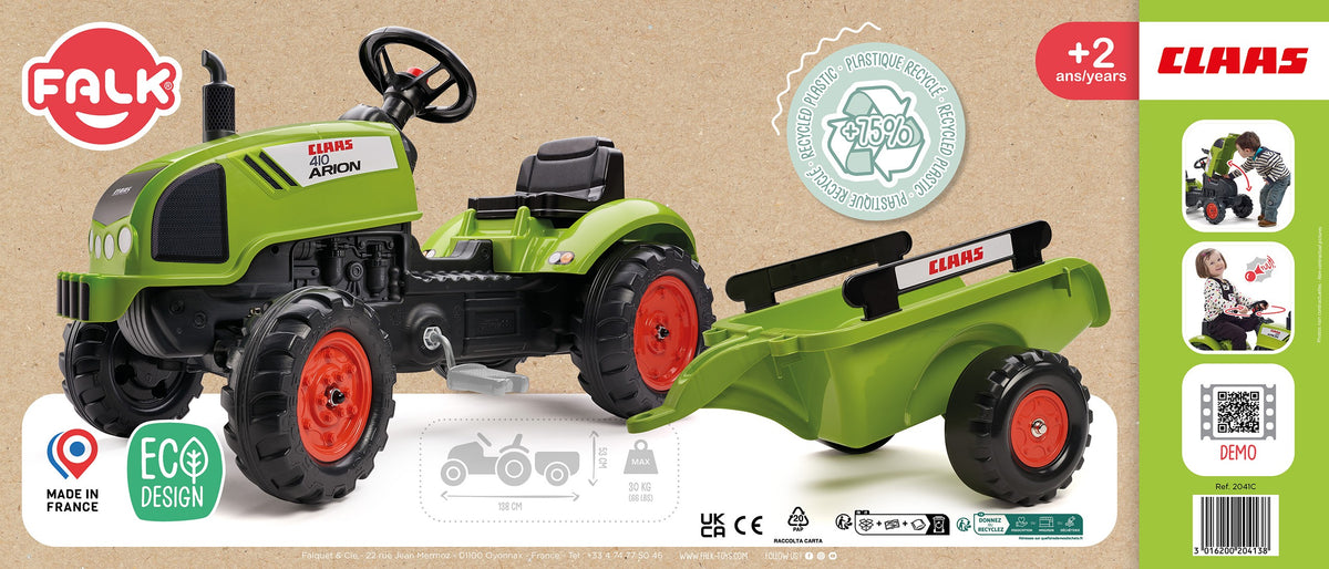 FALK Claas Green minamas traktoriukas su priekaba ir garsiniu signalu 2-5 m.