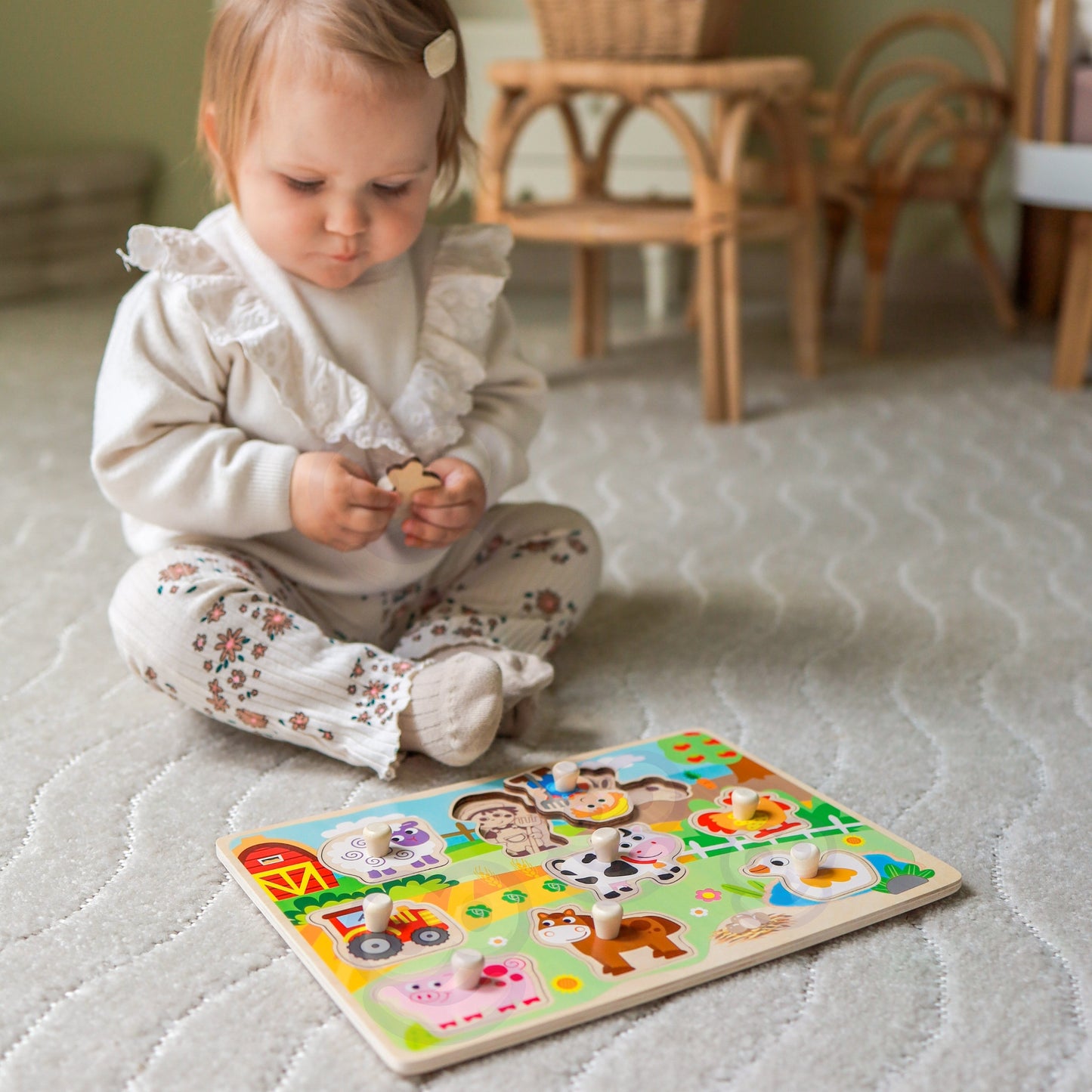 WOOPIE GREEN Medinė Montessori Ūkio Dėlionė su Rankenėlėmis