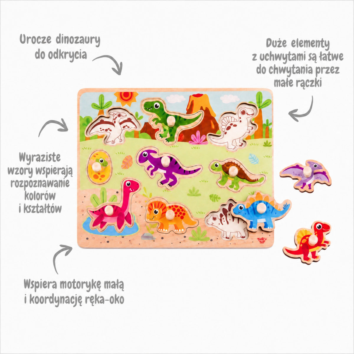 TOOKY TOY Medinė Montessori Dėlionė su Dinozaurais 10 vnt.