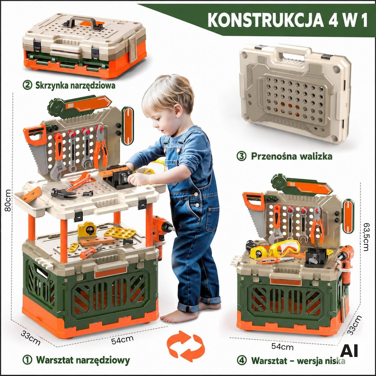 WOOPIE 4-in-1 Dirbtuvės Mažam Meistrui su Gręžtuvu 90 Detalių