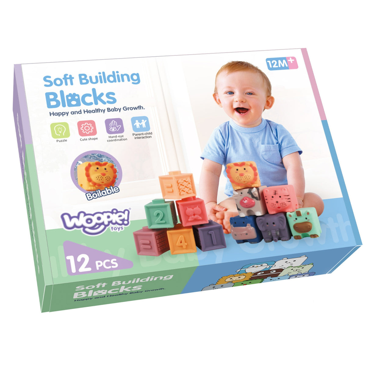 WOOPIE BABY Sensoriniai kubeliai su garsu ir skaičiais, 12 vnt.