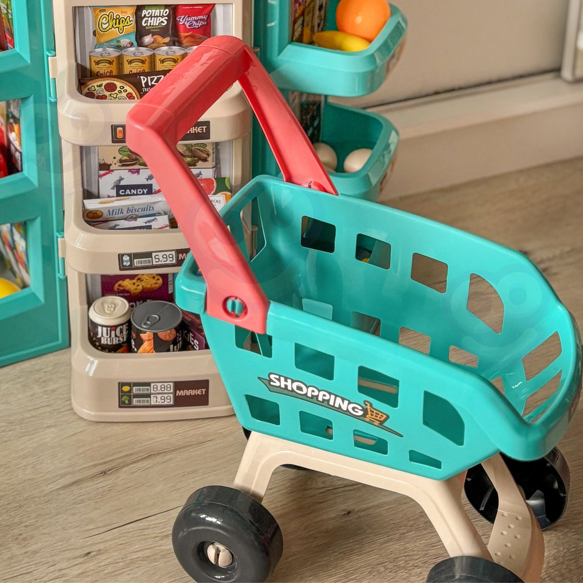 WOOPIE Žaislinis Supermarketas su Pirkinių Vežimėliu, Kasos Aparatu ir 47 Priedais