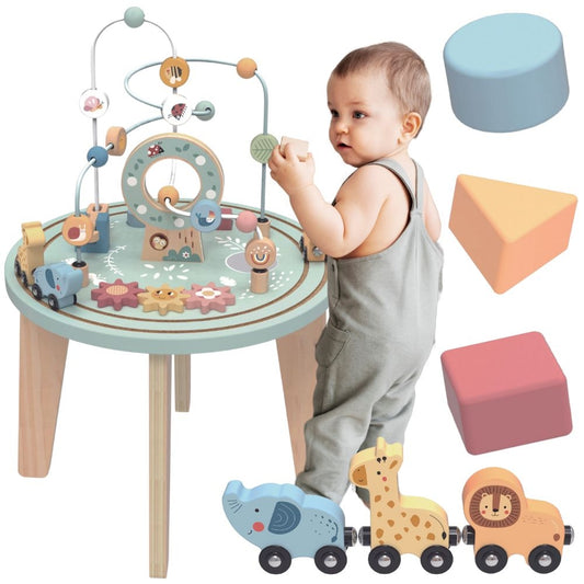 TOOKY TOY Didelis medinis Montessori edukacinis staliukas su interaktyviu traukinuku, skirtas vaikams nuo 2 metų – pagrindinis vaizdas