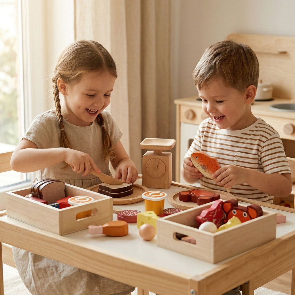 Viga medinių maisto produktų rinkinys – pusryčiai, žuvis, mėsa, pieno produktai