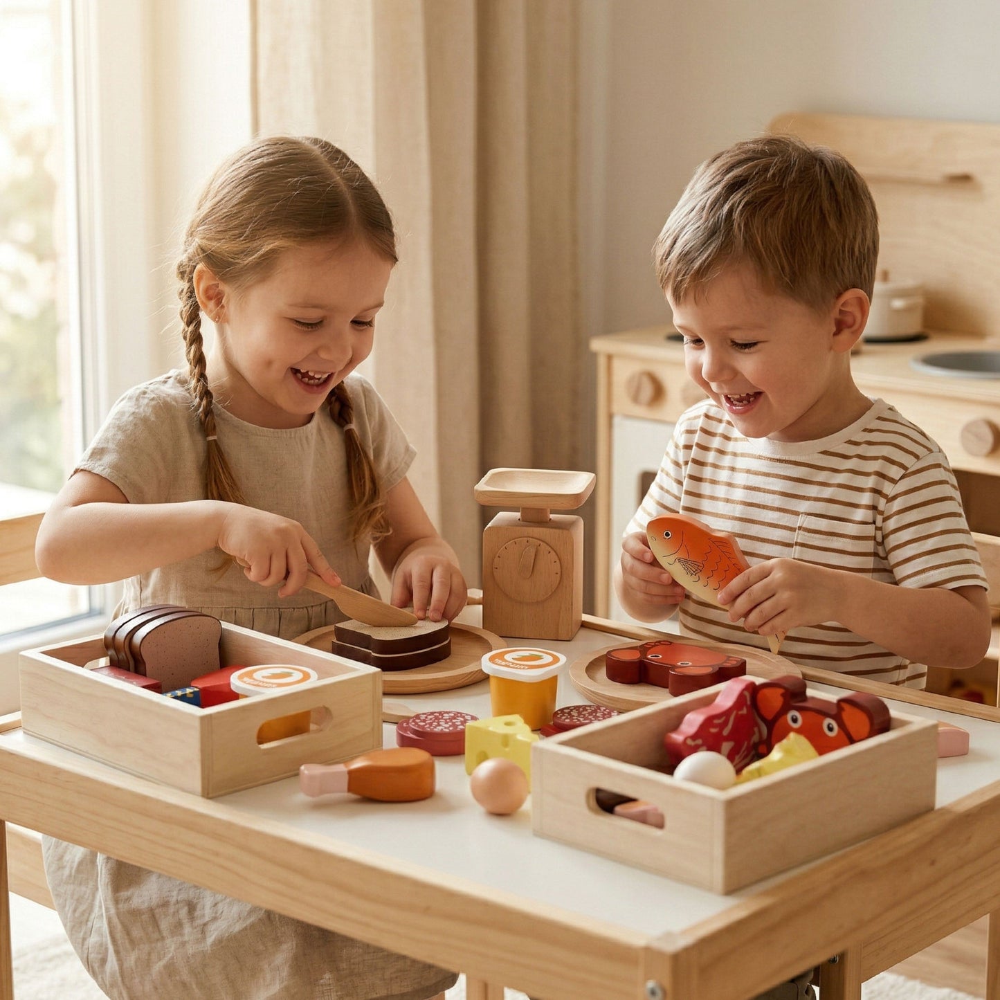 Viga medinių maisto produktų rinkinys – pusryčiai, žuvis, mėsa, pieno produktai