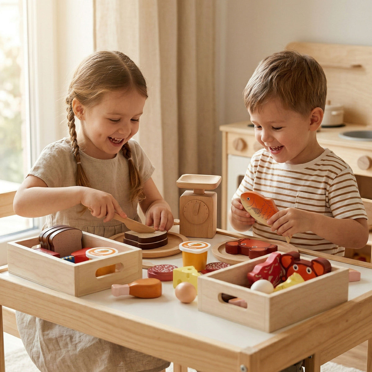 Viga medinių maisto produktų rinkinys – pusryčiai, žuvis, mėsa, pieno produktai