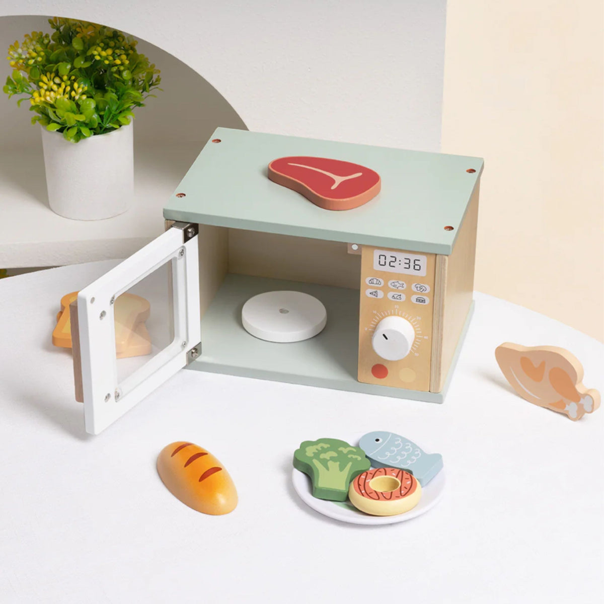 TOOKY TOY Medinė Mikrobangų Krosnelė su Maisto Rinkiniu