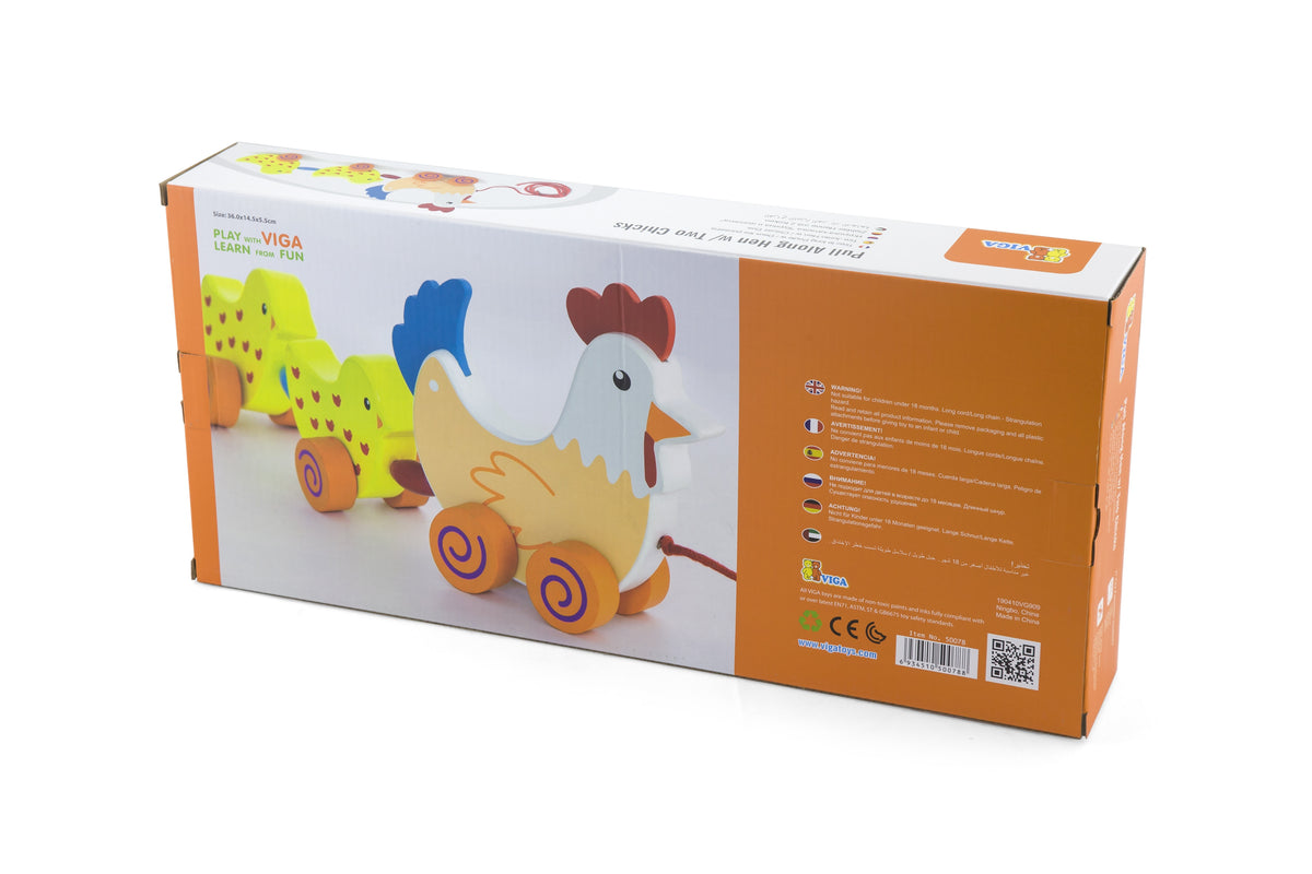 VIGA Vežimėlis Višta su Viščiukais 36 cm – medinis žaislas
