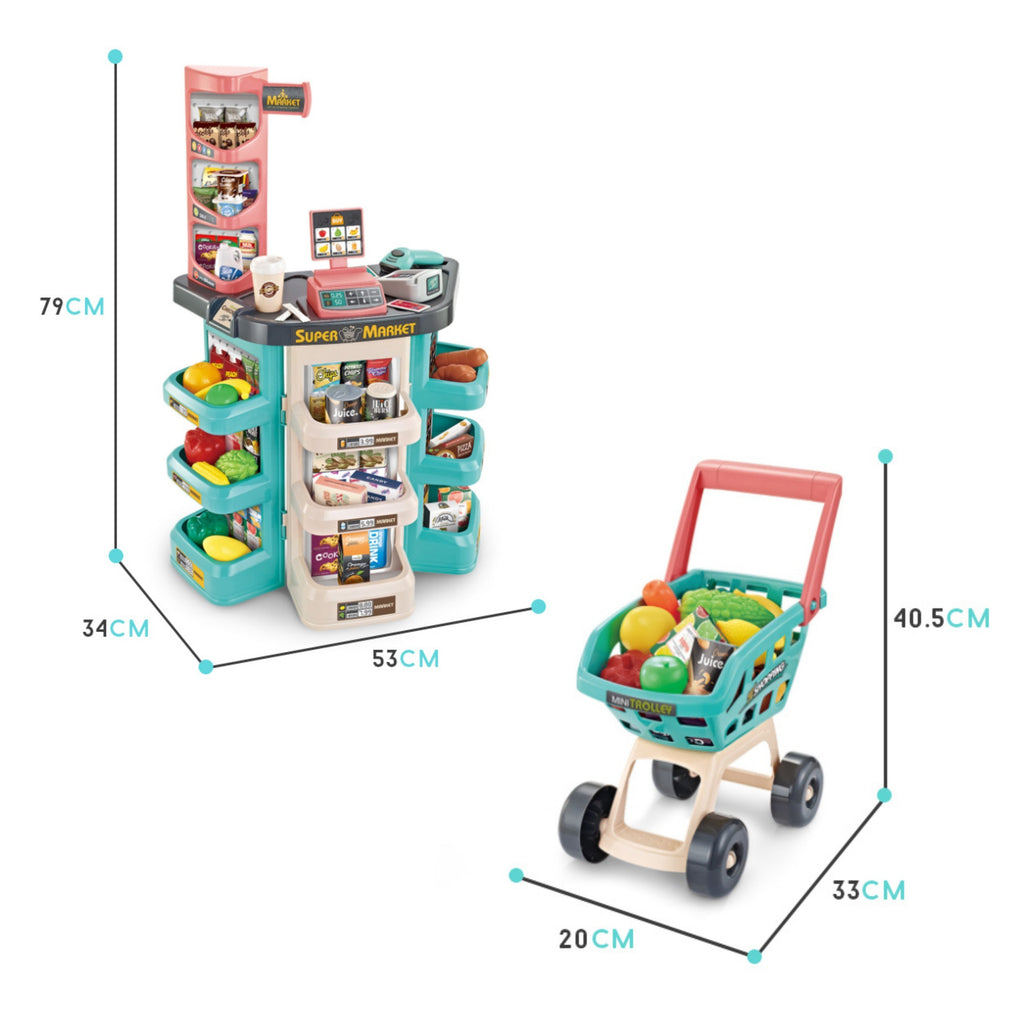 WOOPIE Žaislinis Supermarketas su Pirkinių Vežimėliu, Kasos Aparatu ir 47 Priedais