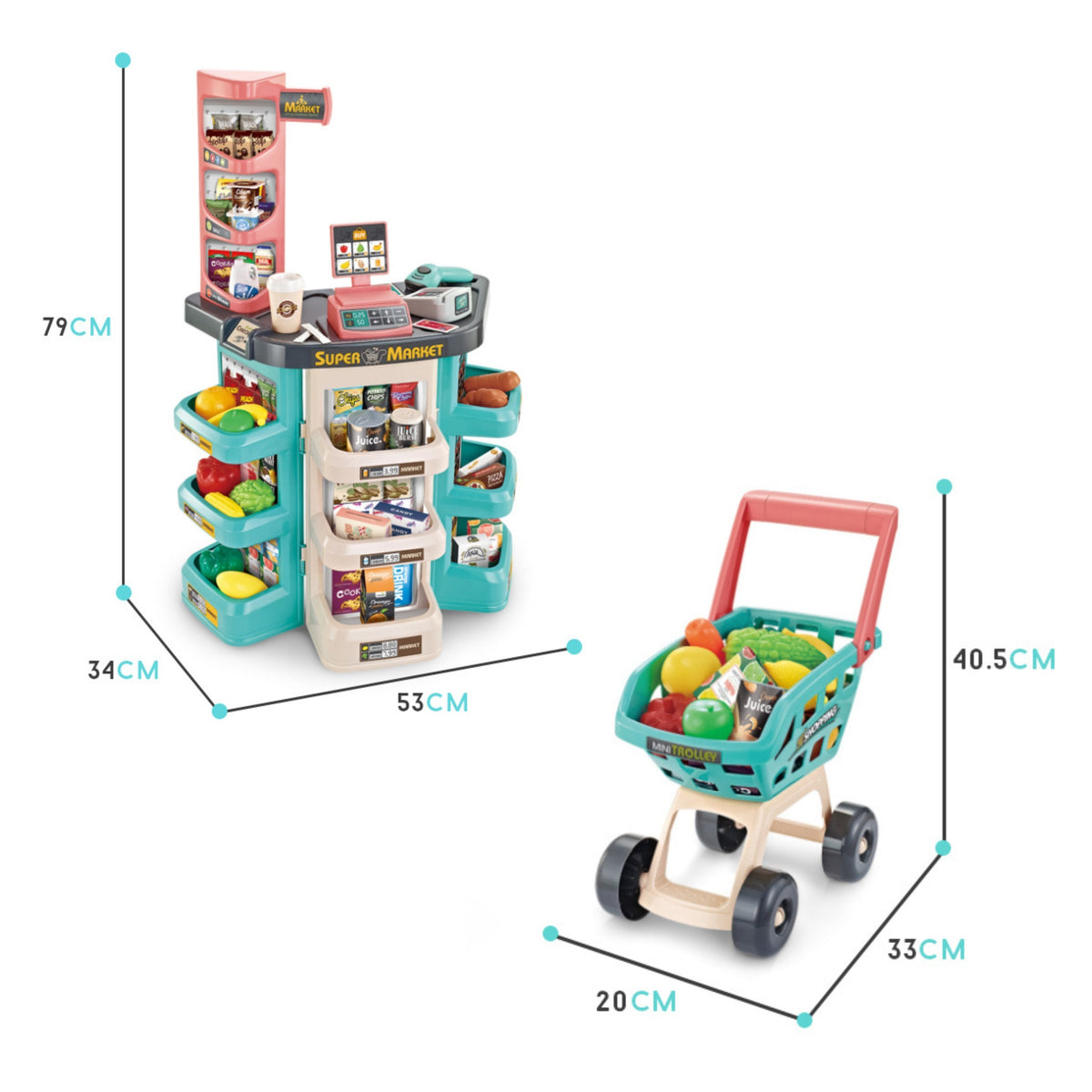 WOOPIE Žaislinis Supermarketas su Pirkinių Vežimėliu, Kasos Aparatu ir 47 Priedais