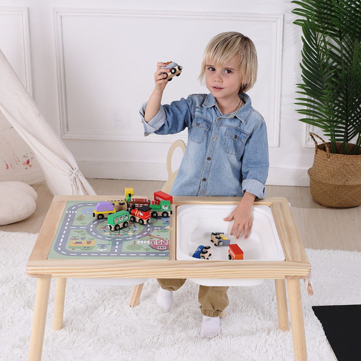 WOOPIE GREEN Medinis 4-in-1 Žaidimų Stalas su Miesto Žemėlapiu