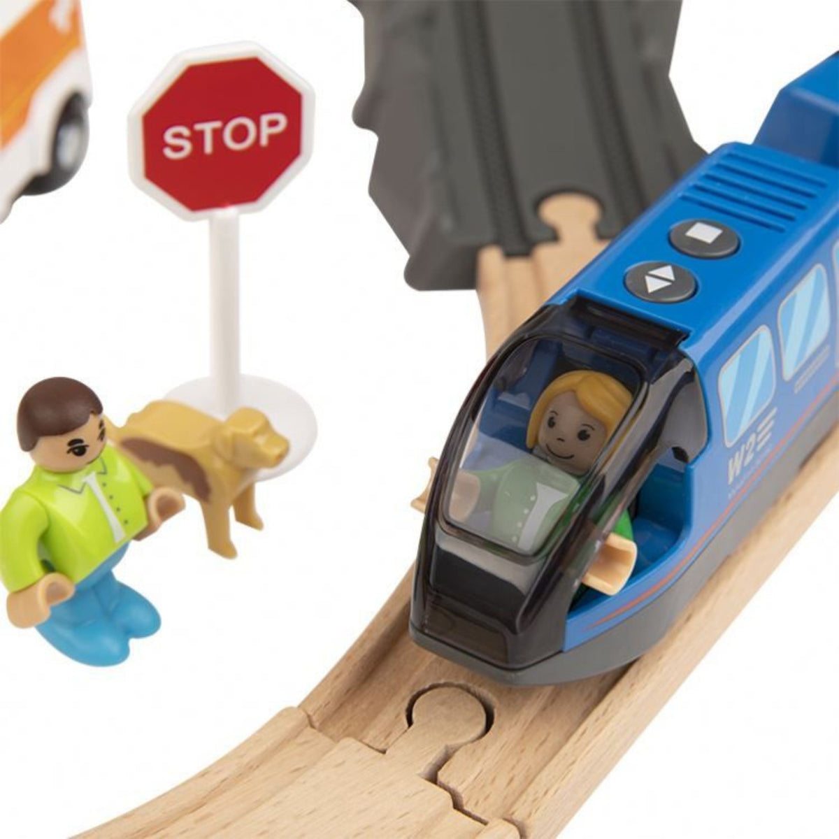 Tooky Toy Elektrinis medinis traukinys su ugniagesių tema, 70 dalių