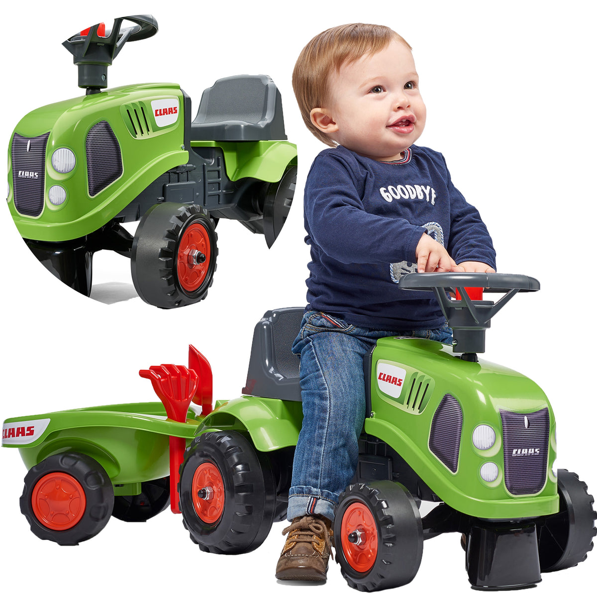 FALK Traktorius-paspirtukas Baby Claas, žalias, su priekaba ir priedais (nuo 1 metų) – vaizdas 8
