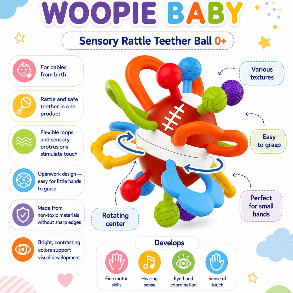 WOOPIE BABY Sensorinis kramtukas-barškutis kūdikiams 0+