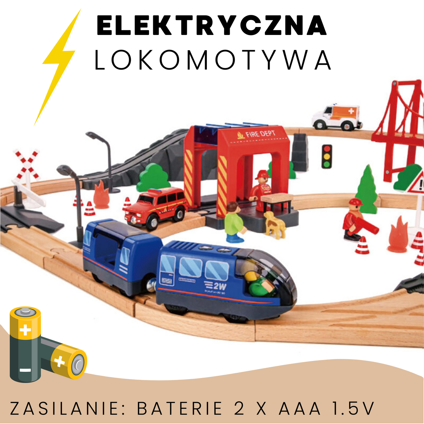 Tooky Toy medinė elektrinė geležinkelio trasa „Gaisrinė“ su garso efektais, 70 dalių, FSC – vaizdas 4