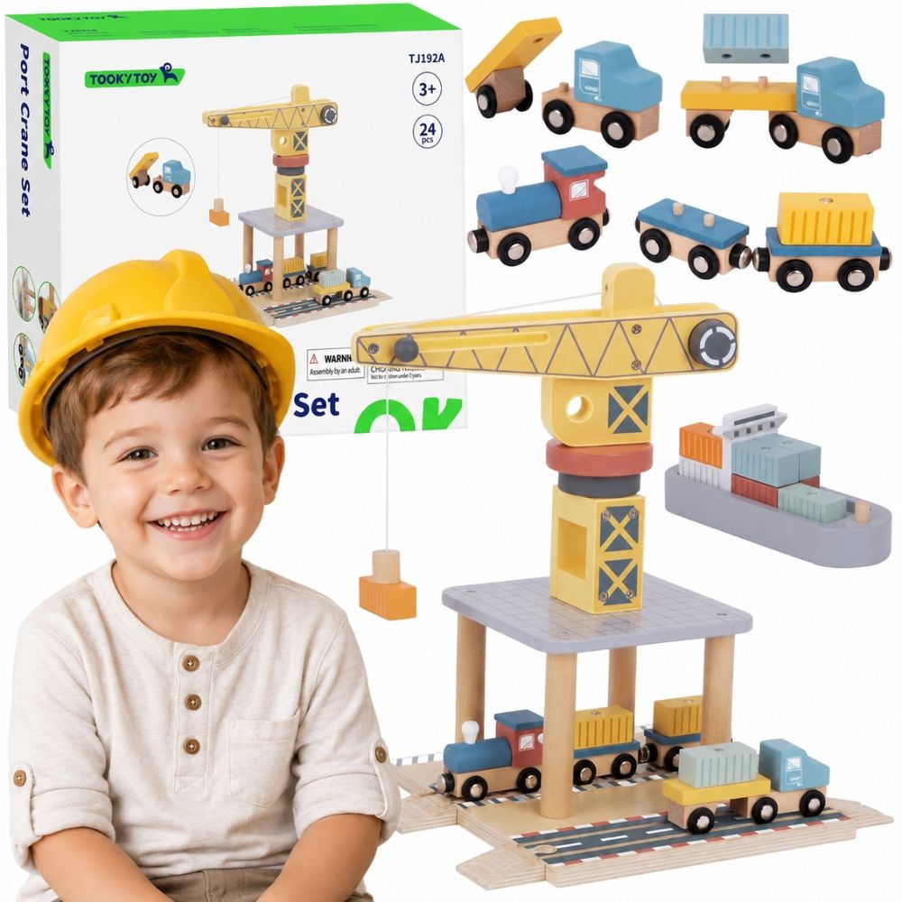 TOOKY TOY Medinis uosto kranų rinkinys su transporto priemonėmis