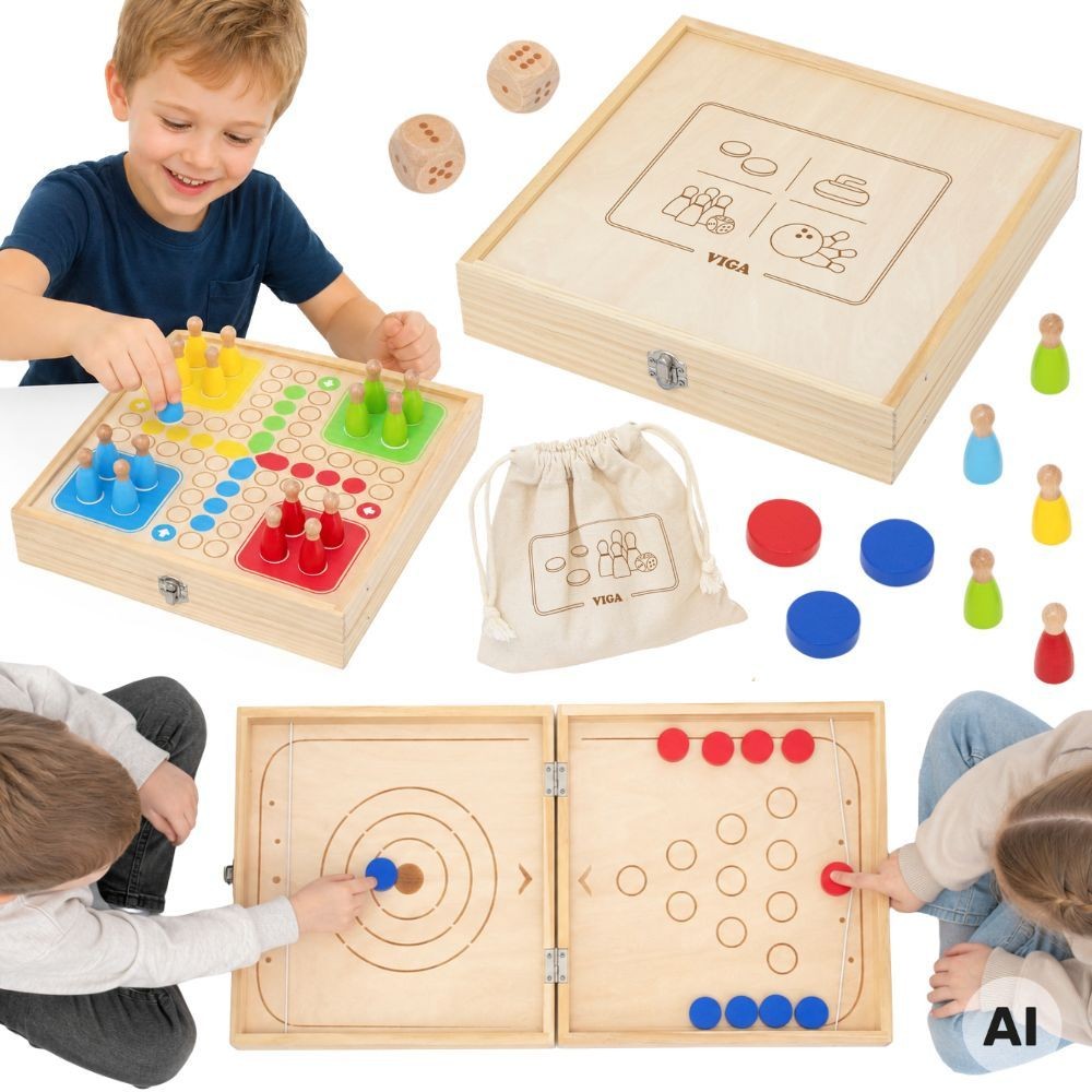 VIGA Medinis 4in1 žaidimų stalas: riedulys, kiūlingas, boulingas